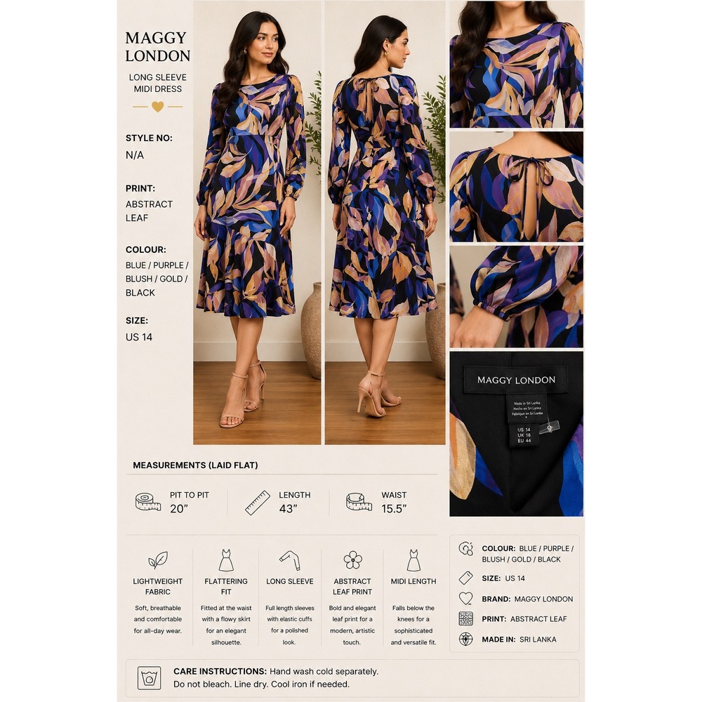 Maggy London Blue Purple Botanical Leaf Print Ruffle Hem Midi Dress Size 14 - Picture 1 of 12